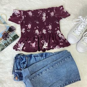 Aeropostale Floral Smocked Off Shoulder Top